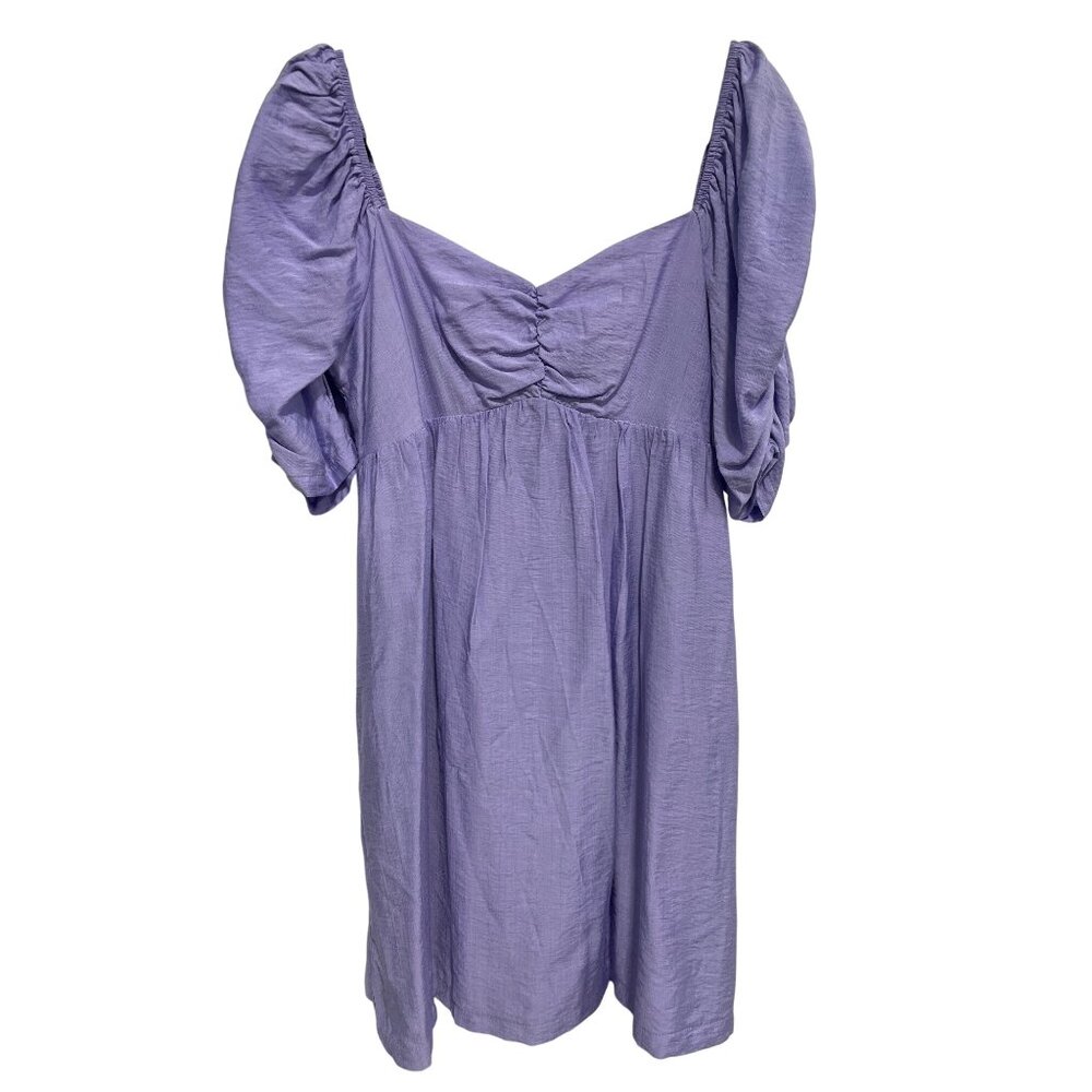 &Merci Dress Size Large Puff Sleeve Ruched Front Smocked Back Light Purple Chic
